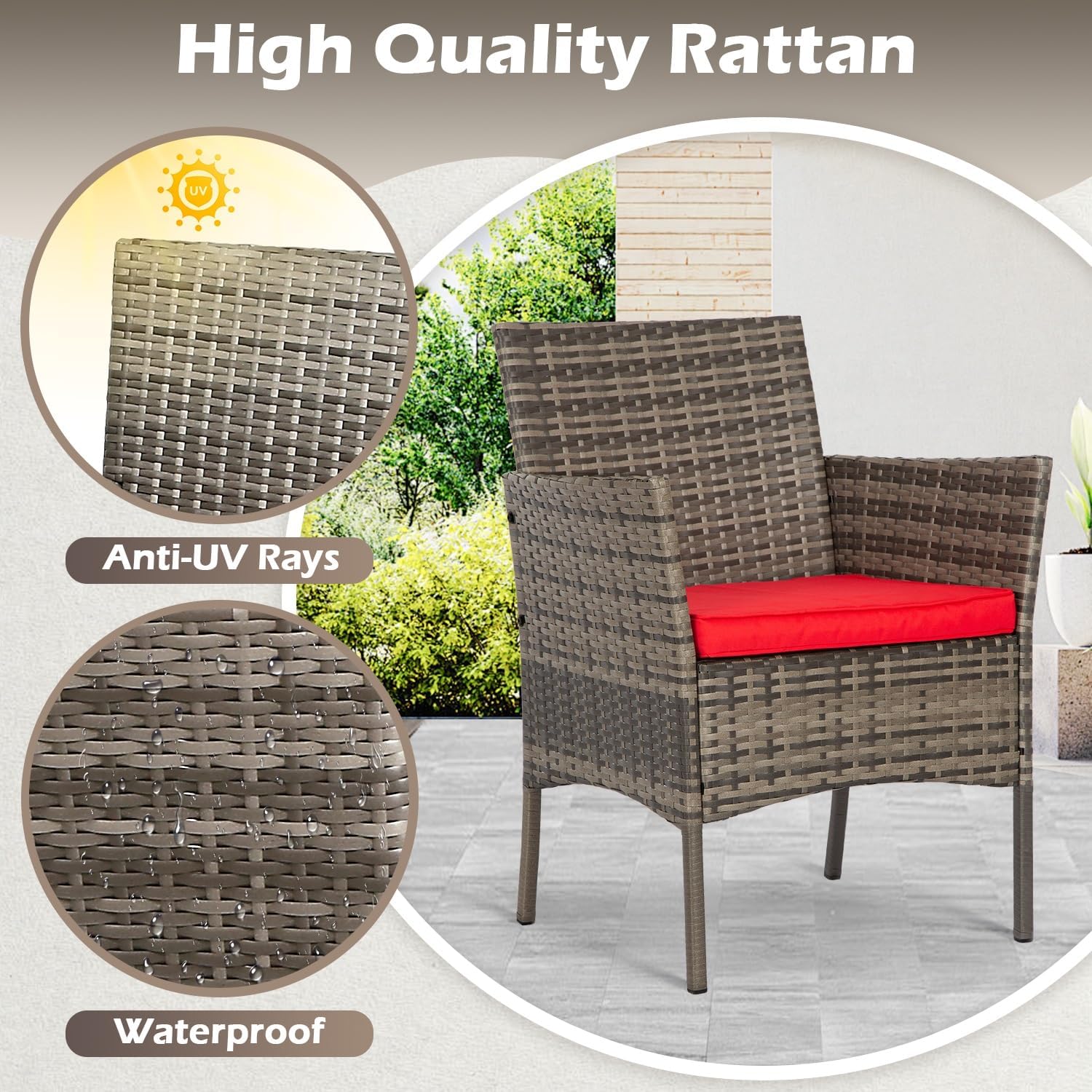 FDW - Juego de 4 muebles para exteriores, juego de conversación de mimbre con silla de ratán, mesa de centro para exteriores, interiores, jardín, patio, porche, terraza, balcón, cojines de mimbre