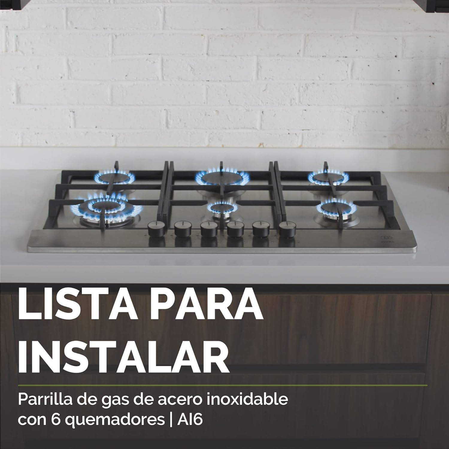 AVERA Parrilla de Gas 6 Quemadores 86cm, Acero Inoxidable Color Negro, Empotrable, Soportes de Hierro Fundido, Encendido Electronico, Estufa Empotrable, Compatible con Gas LP y Gas Natural, AI6N