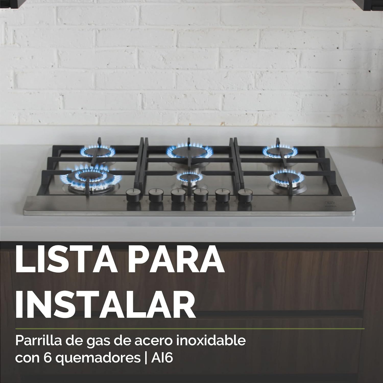 AVERA Parrilla de Gas 6 Quemadores 86cm, Acero Inoxidable Color Negro, Empotrable, Soportes de Hierro Fundido, Encendido Electronico, Estufa Empotrable, Compatible con Gas LP y Gas Natural, AI6N