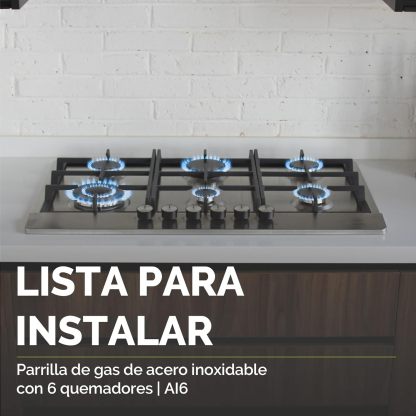 AVERA Parrilla de Gas 6 Quemadores 86cm, Acero Inoxidable Color Negro, Empotrable, Soportes de Hierro Fundido, Encendido Electronico, Estufa Empotrable, Compatible con Gas LP y Gas Natural, AI6N