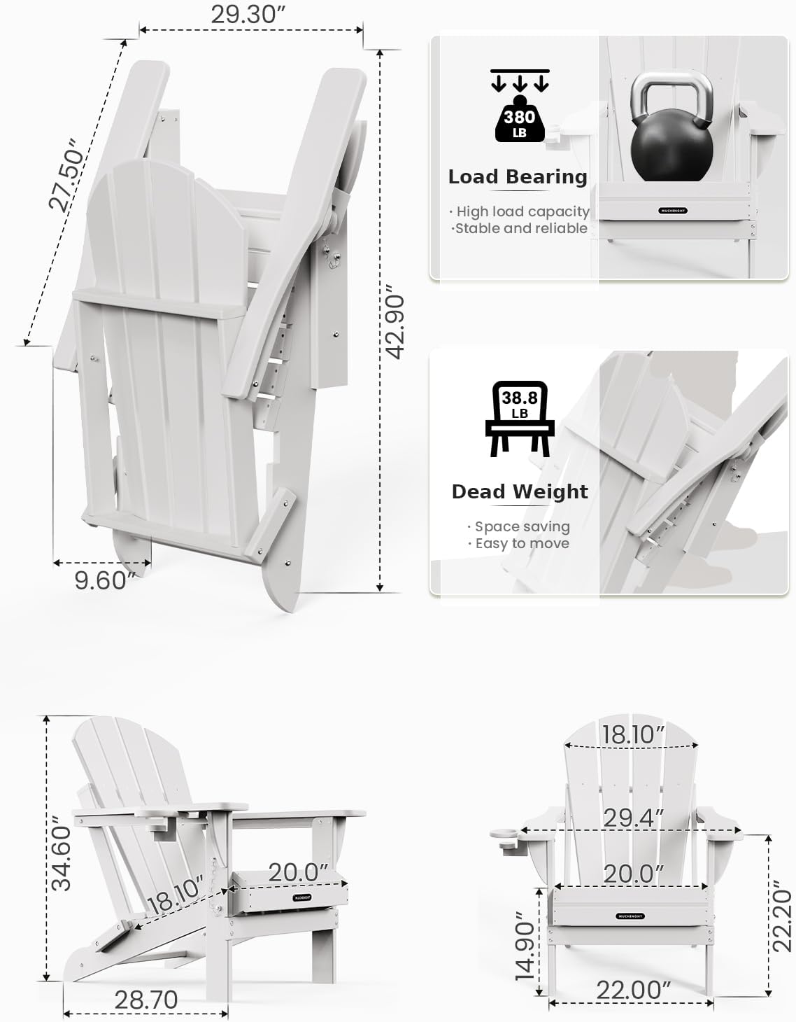 MUCHENGHY Sillas plegables Adirondack, sillas de patio, sillas para hogueras, sillas de exterior, sillas Adirondack de plástico, sillas de césped resistentes a la intemperie con portavasos para terraza, patio trasero, jardín (negro)