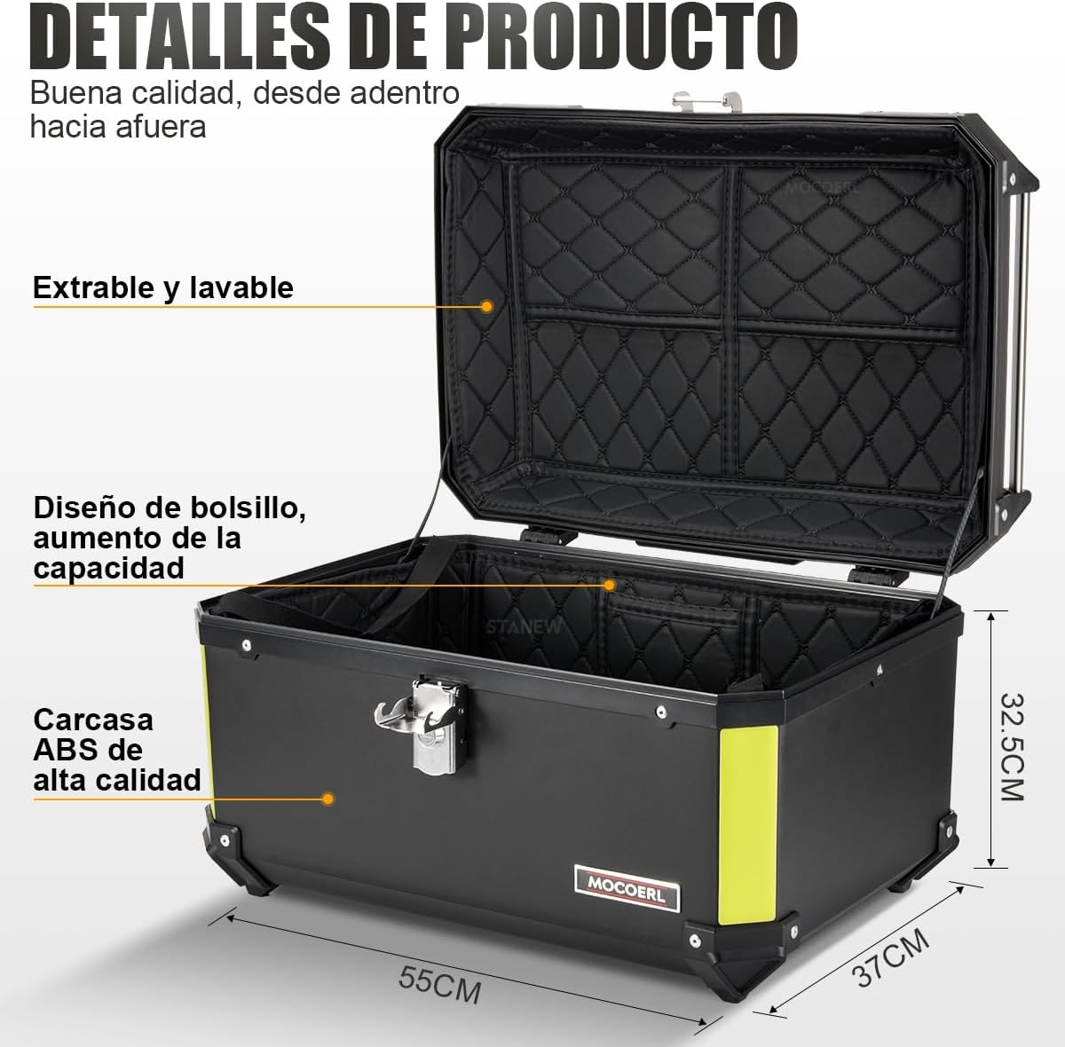 MOCOERL-Impermeable Baul Trasero Caja Moto Abs Respaldo Acojinado 60L Puede contener 2 casco Con cierre de seguridad de acero inoxidable Negro