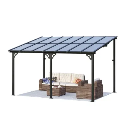 Sonegra Gazebo pérgola de pared resistente de 10'x14', toldo exterior de aluminio negro con paneles transparentes para patio, terraza y patio trasero