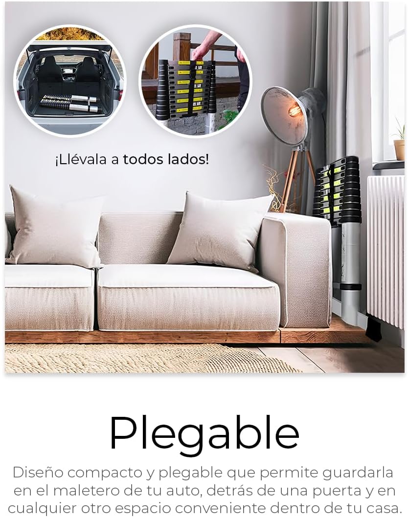 Raganet, Escalera Telescópica Recta, Escalera de Recta de Altura Ajustable, Aluminio Reforzado y Duradera, Modelo Retráctil de Mayor Estabilidad (5 Metros)