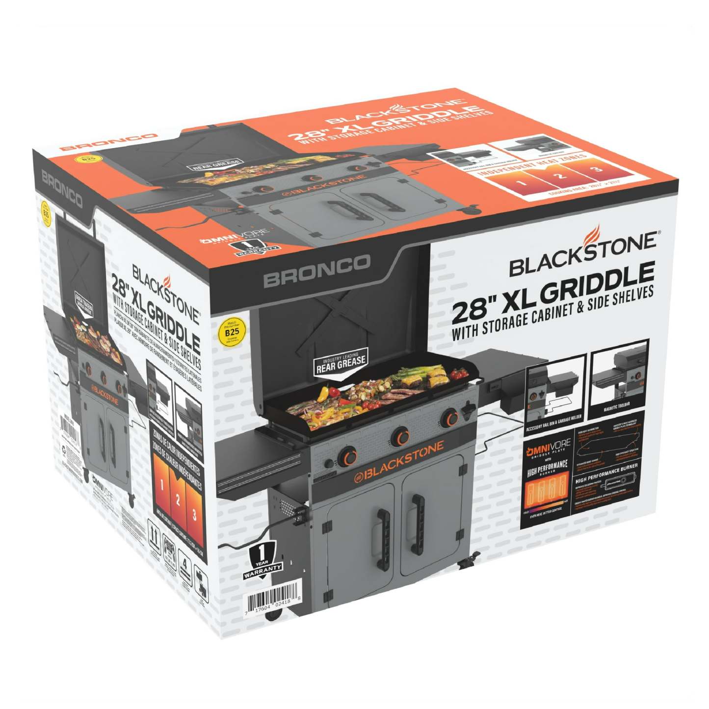 Plancha Omnivore Blackstone Bronco de 3 quemadores XL de 28" con gabinete y estantes laterales dobles