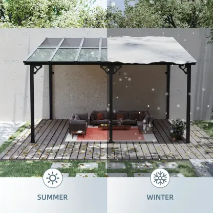 Sonegra Gazebo pérgola de pared resistente de 10'x14', toldo exterior de aluminio negro con paneles transparentes para patio, terraza y patio trasero
