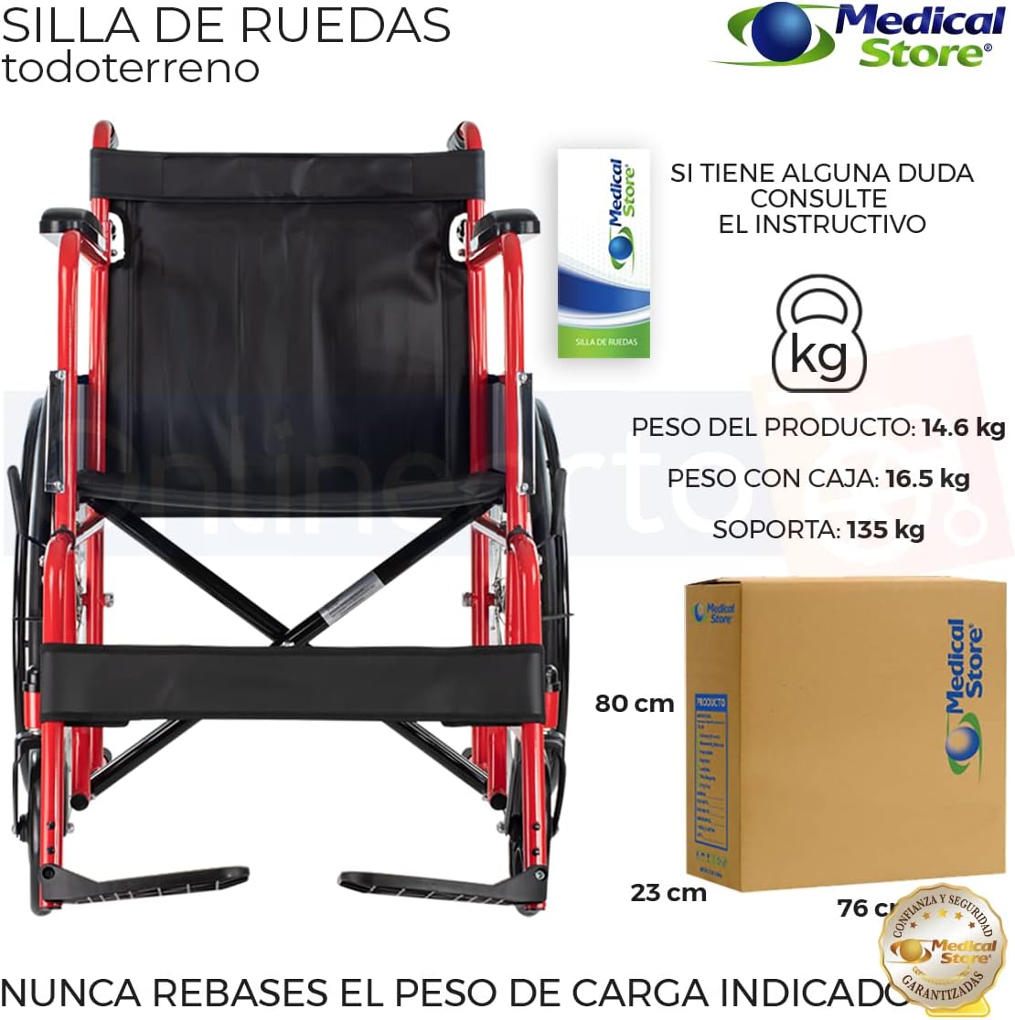 MEDICAL STORE Silla de Ruedas, Modelo 809F, Acero Resistente, Descansapies Desmontables, Descansabrazos Fijos Rectos, Asiento y Respaldo de Vinil Alta Resistencia. (ROJO)