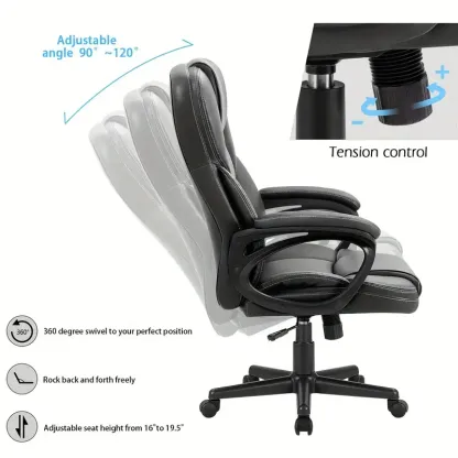 1 ud Silla Ejecutiva Ergo - Lujoso Cuero Sintético, Reposabrazos Ajustables, Soporte Lumbar, Giro de 360°, Función de Inclinación 90°-120°, Altura Ajustable 17.2"-21.2", Respaldo de 24.8", Acabado Negro Elegante