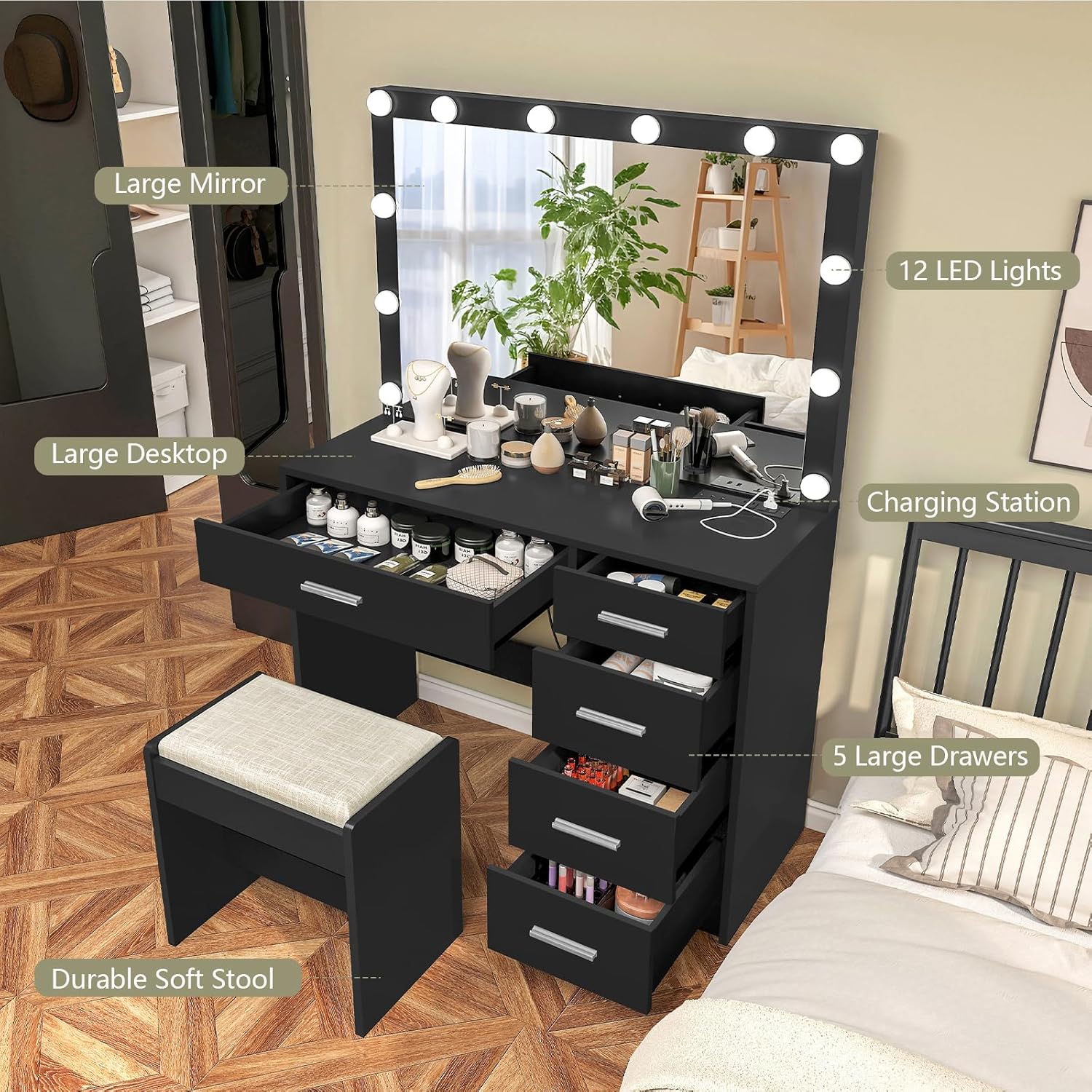 usikey - cambiador de maquillaje con 12 luces, computadora de cambiador con toma de corriente, mesa de maquillaje con 5 cajones, espejo grande, cambiador con taburete para recámara, baño, negro