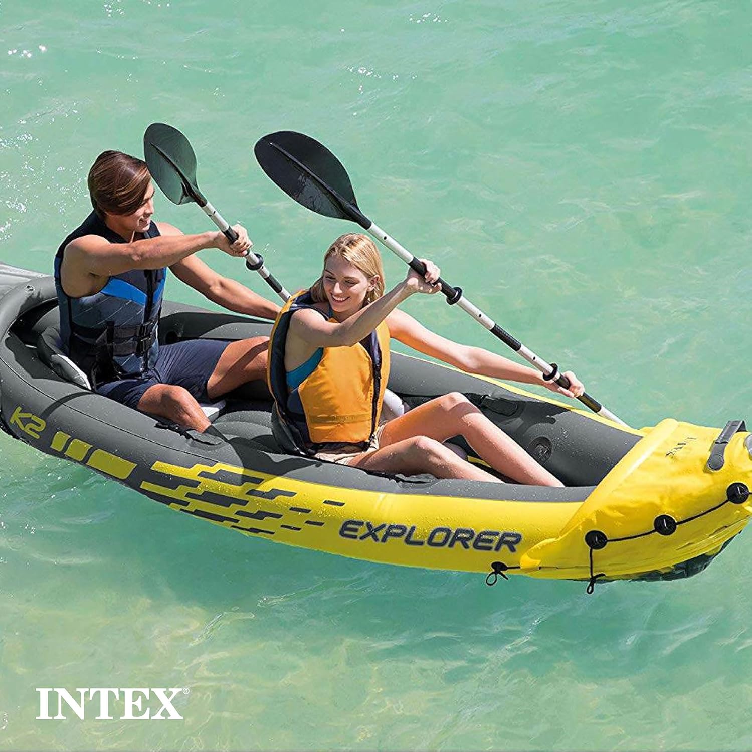 Intex 68307EP Explorer K2 Inflatable Kayak Set: Includes Deluxe 86in Aluminum Oars and High-Output Pump – SuperStrong PVC – Adjustable Seats with Backrest – 2-Person – 400lb Weight Capacity