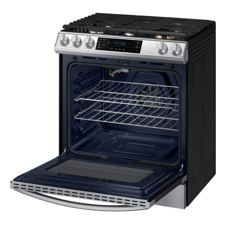 Samsung - 6,0 pies cúbicos. Estufa de convección a gas deslizable con control frontal, Air Fry y Wi-Fi, resistente a huellas dactilares, acero inoxidable
