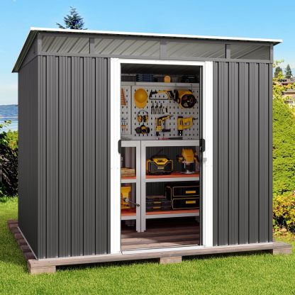 Gizoon - Cobertizo de almacenamiento para exteriores de metal de 6 x 4 pies, cobertizo de jardín con puertas correderas con cerradura, versátil cobertizo para bicicletas con ventanas de panel