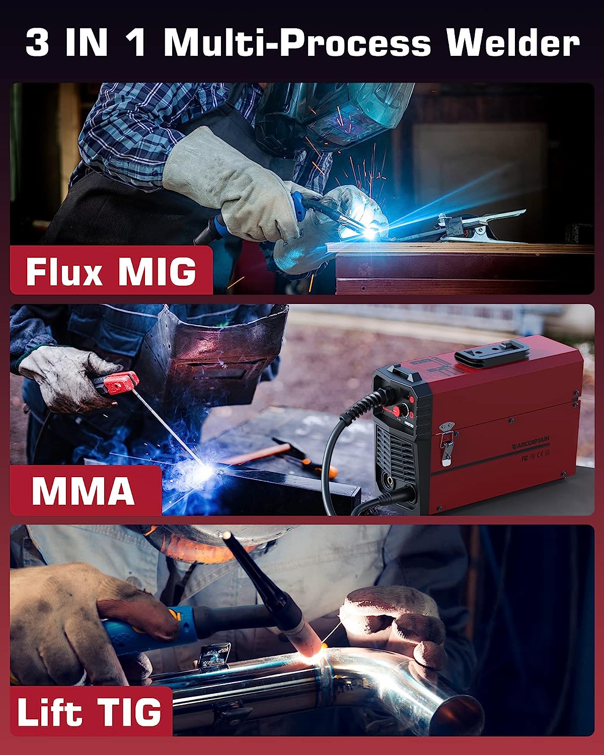 ARCCAPTAIN MIG Soldador, 200 amperios 6 en 1 gas MIG/núcleo de flujo sin gas MIG/Stick/Lift TIG/soldadura por punto/pistola de carrete 110 V/220 V de aluminio multiproceso máquina de soldadura con