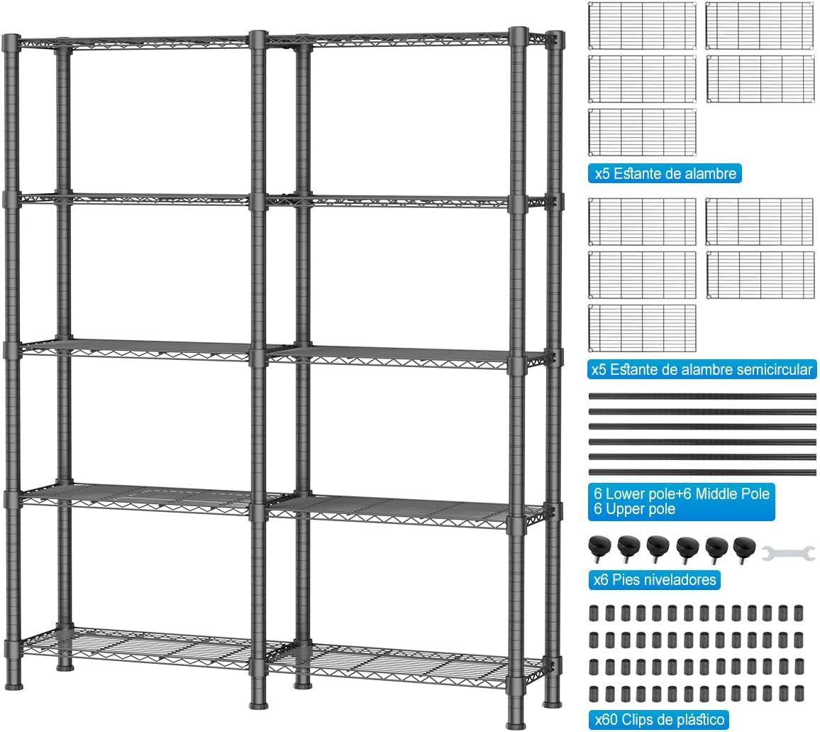 MXLENOBLE Estante de 5 repisas, Estantería de Almacenamiento Ajustable de estantes, Resistente en Ruedas de 4 Pulgadas, Estante Organizador de Metal, Cromado (IC085-B)