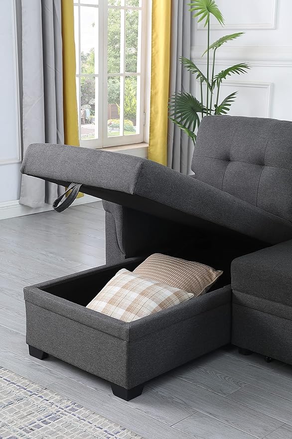 Lilola Home Lucca Sofá seccional Reversible, sillón de Almacenamiento, Cama extraíble, salón en Forma de L, Gris Acero, Lino