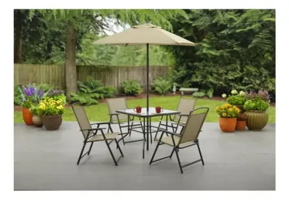 Mesa/sillas De Jardin, Vidrio Templado Con Sombrilla, Beige