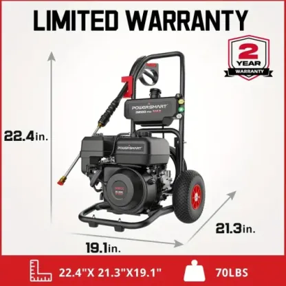 Hidrolavadora a Gas PowerSmart, 3200 PSI 2.5 GPM Bomba de leva axial, Tanque de jabón a bordo de 208 cc, 5 boquillas QC Manguera de 25 pies, Pistola pulverizadora y varilla para limpiar autos/casas