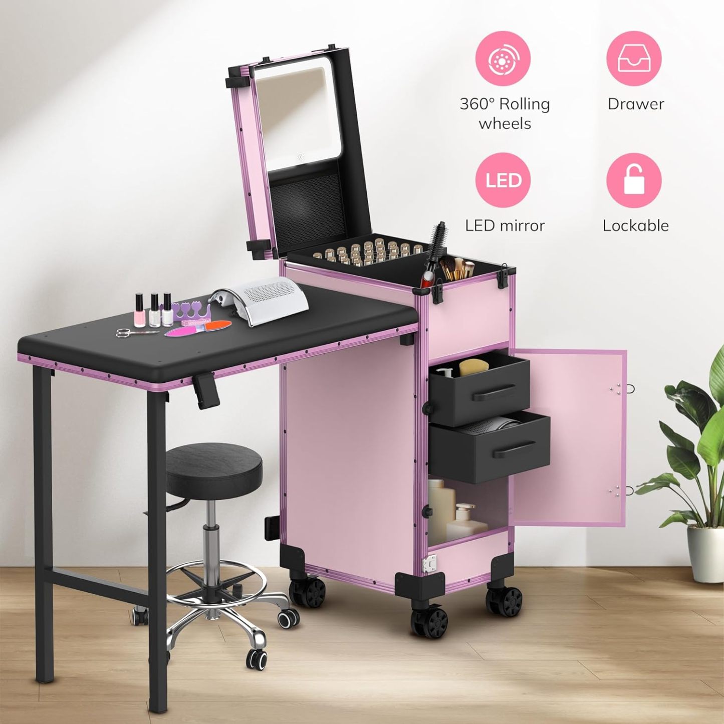 EASYINBEAUTY - Mesa de manicura portátil con 2 cajones, organizador de espejo y esmalte de uñas, estuche de tren de maquillaje con cerradura con computadora de uñas plegable, estuche de viaje