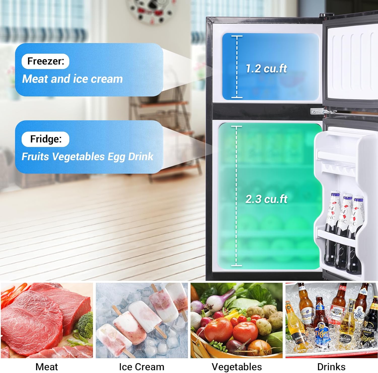 Maine Mini nevera, pequeña nevera con congelador 3.2 pies cúbicos Refrigerador compacto de 2 puertas con control de termostato ajustable de 7 niveles, perfecto para cocina, recámara, departamento,
