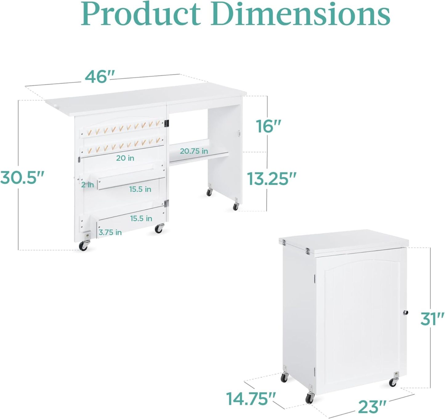 Best Choice Products - Mesa de coser plegable multiusos, estación de manualidades, diseño compacto, ruedas, estantes, almacenamiento, clavijas, puertas magnéticas, pomos de puerta de metal, blanca