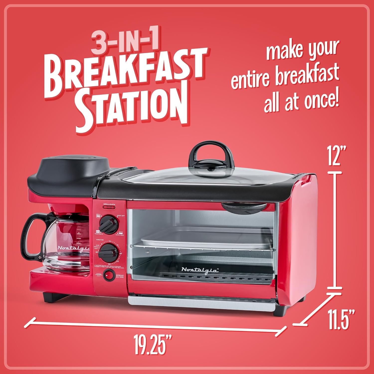 NOSTALGIA BST3RR Retro 3-in-1 Family Size Breakfast Station, Red