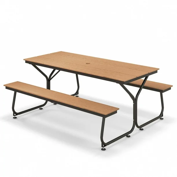 Costway Juego de Mesa y Banco para Picnic para 6-8 Personas, Mesa de Comedor y 2 Bancos con Estructura Metálica y Superficies de HDPE, Conjunto de Conversación para Balcón y Jardín, Marrón/Gris