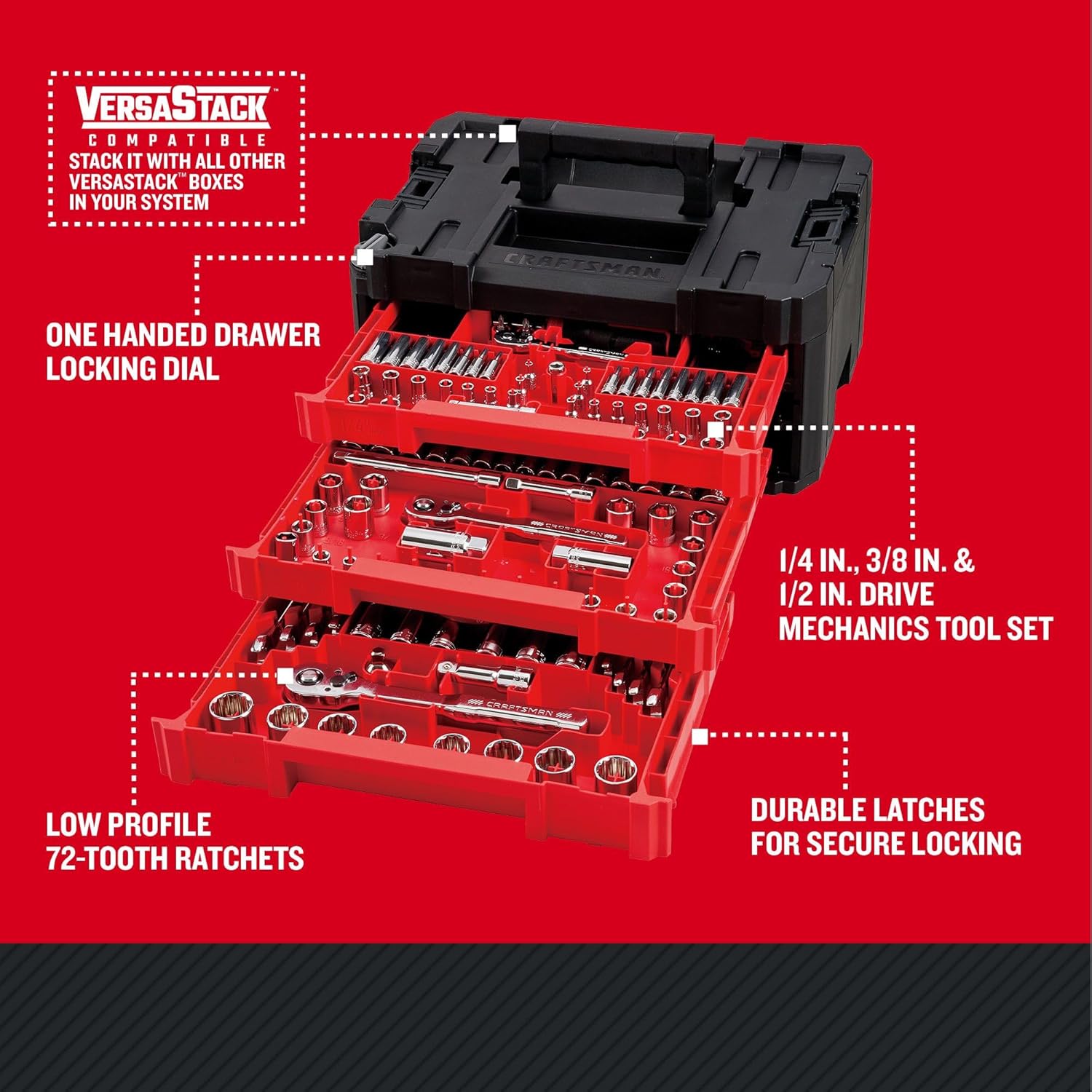CRAFTSMAN Juego de herramientas mecánicas de 262 piezas, juego de dados maestros con caja de herramientas VERSASTACK de 3 cajones, juego de SAE/métrico (CMMT45309)