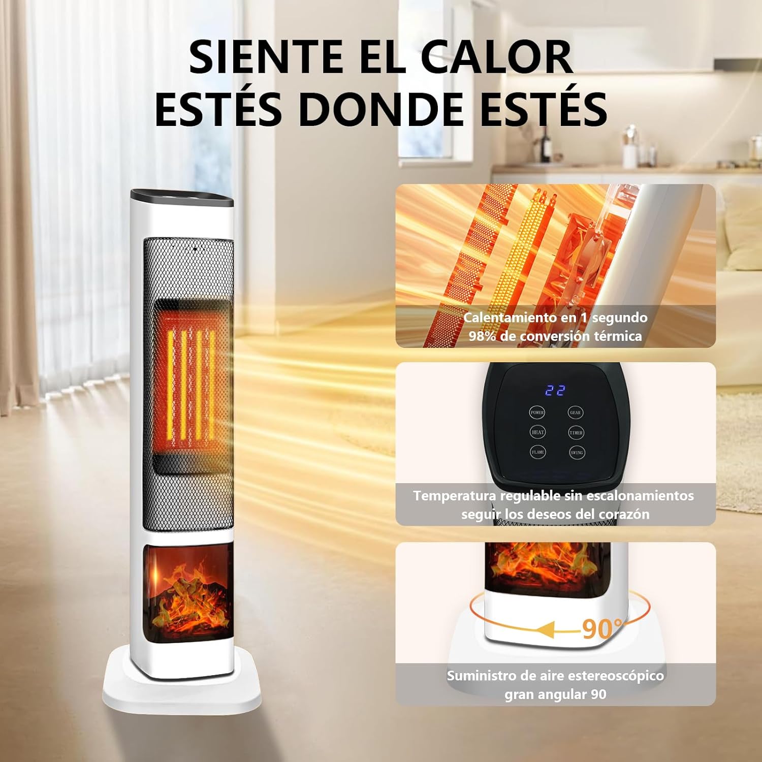 LOKOOY Calefactor Eléctrico de Torre Cerámico para Hogar, Calefacción y Refrigeración de Doble Uso Calentador Digital con Oscilación de 90° y Termostato Regulable 6 Modos, con Control Remoto, Blanco