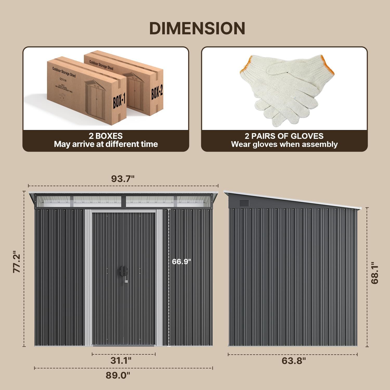 Gizoon - Cobertizo de almacenamiento para exteriores de metal de 6 x 4 pies, cobertizo de jardín con puertas correderas con cerradura, versátil cobertizo para bicicletas con ventanas de panel