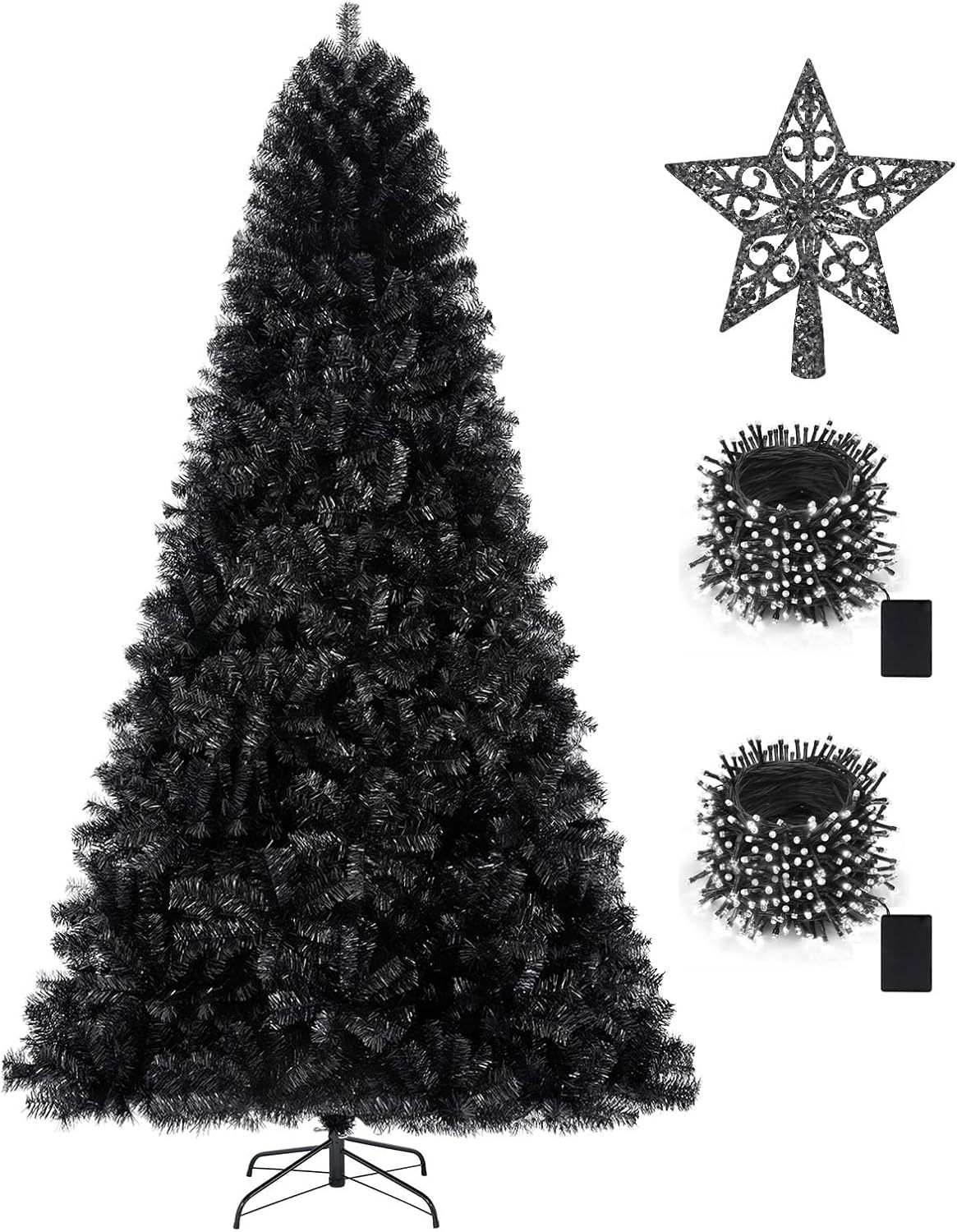 KTKDE Árbol de Navidad artificial de abeto de 7 pies, árbol de Navidad verde realista con 1.450 puntas de árbol, 300 postes de luz LED alimentados por pilas, pentáculo dorado de 7.8 pulgadas, perfecto