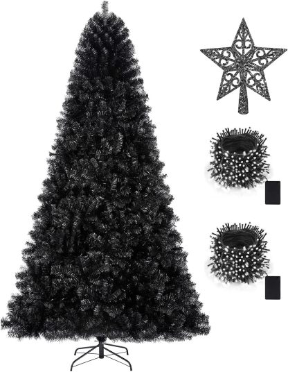 KTKDE Árbol de Navidad artificial de abeto de 7 pies, árbol de Navidad verde realista con 1.450 puntas de árbol, 300 postes de luz LED alimentados por pilas, pentáculo dorado de 7.8 pulgadas, perfecto