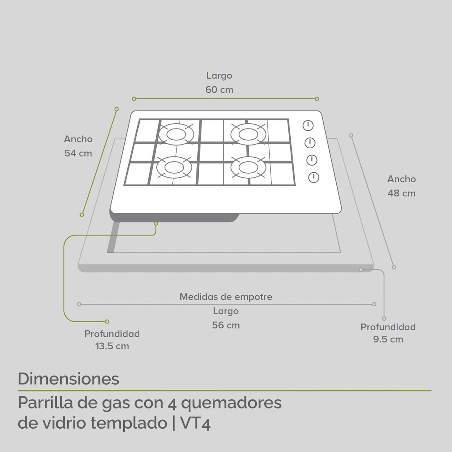 AVERA Combo Parilla y Campana|Parrilla de Gas 4 Quemadores, Vidrio Templado Negro 60cm (Incluye accesorios de Instalación) Encendido Electronico, Estufa Empotrable, para Gas LP y Natural | VT4CEA60N