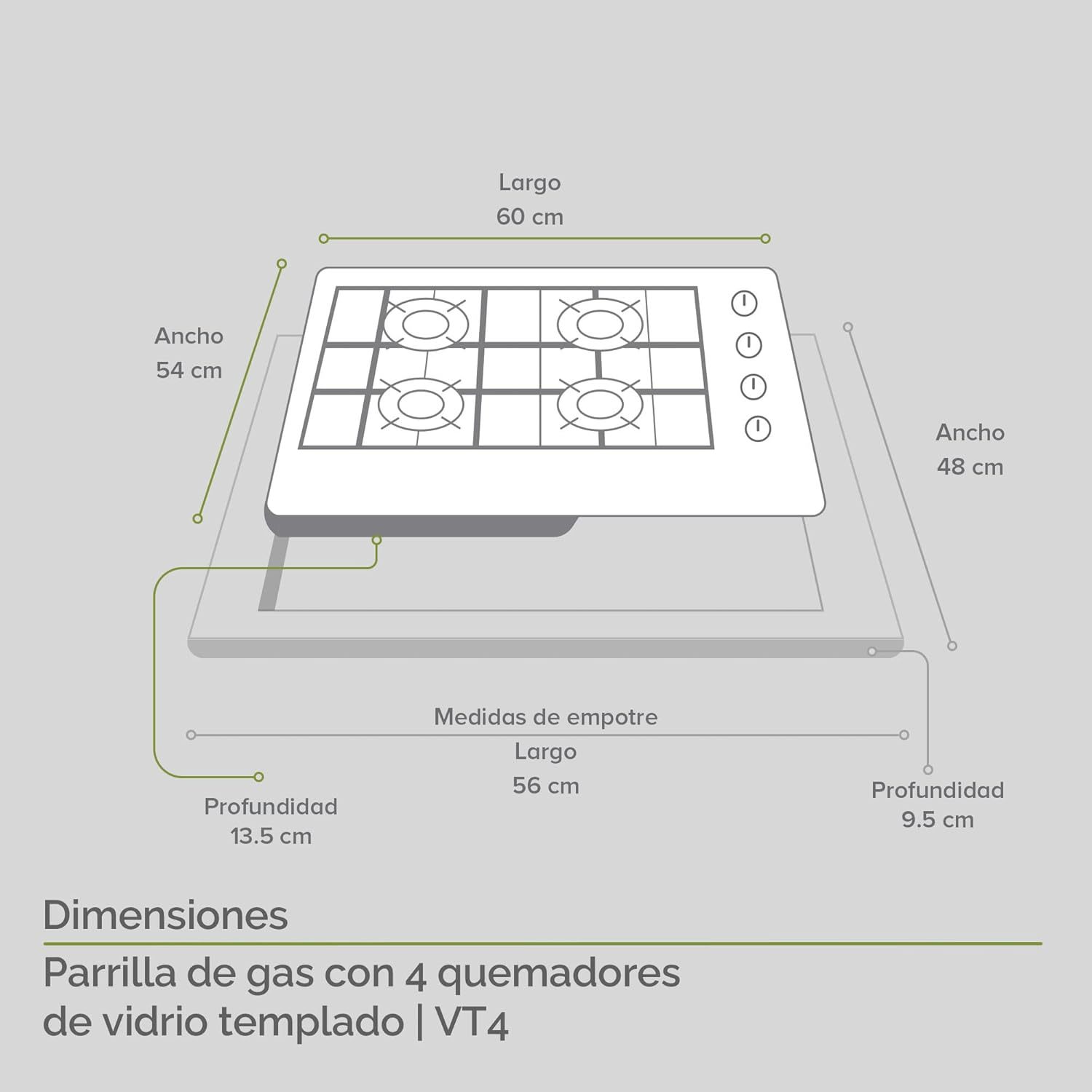 AVERA Combo Parilla y Campana|Parrilla de Gas 4 Quemadores, Vidrio Templado Negro 60cm (Incluye accesorios de Instalación) Encendido Electronico, Estufa Empotrable, para Gas LP y Natural | VT4CEA60N