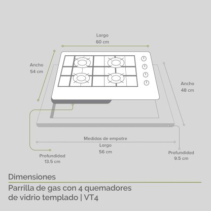 AVERA Combo Parilla y Campana|Parrilla de Gas 4 Quemadores, Vidrio Templado Negro 60cm (Incluye accesorios de Instalación) Encendido Electronico, Estufa Empotrable, para Gas LP y Natural | VT4CEA60N