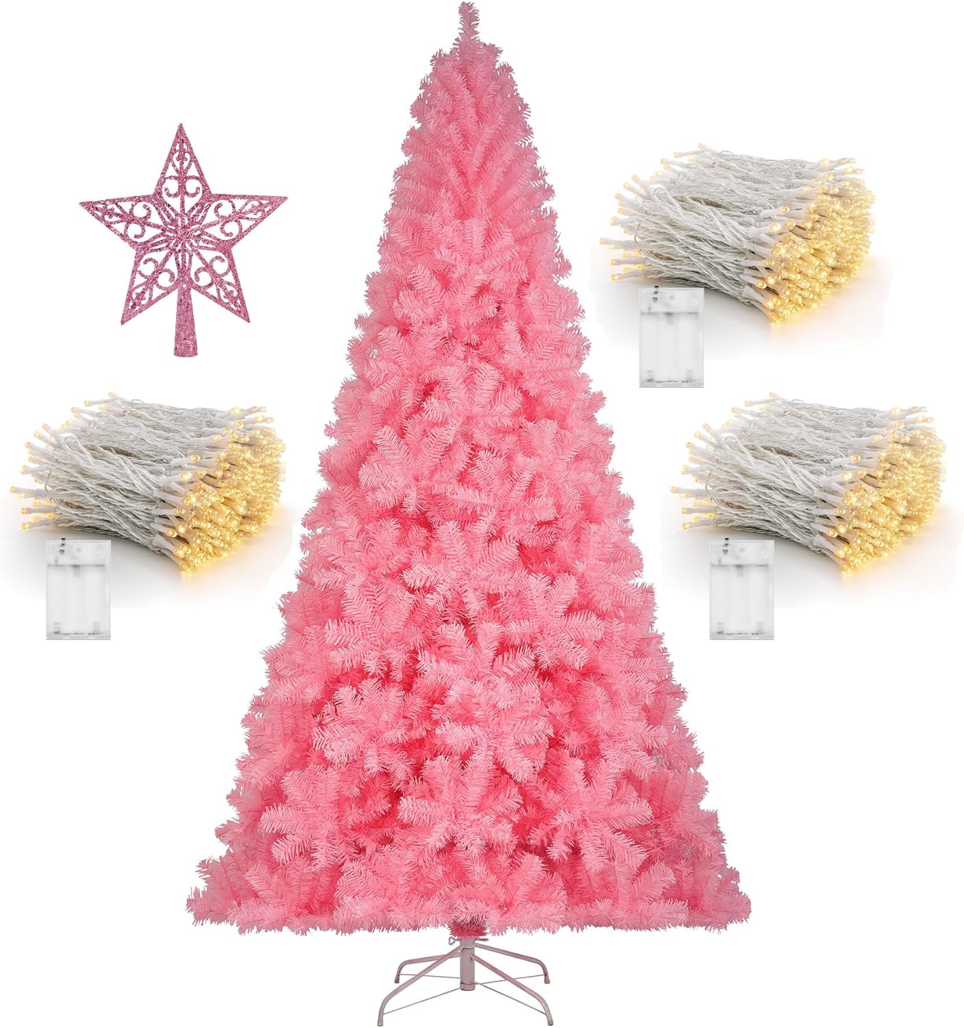 KTKDE Árbol de Navidad artificial de abeto de 7 pies, árbol de Navidad verde realista con 1.450 puntas de árbol, 300 postes de luz LED alimentados por pilas, pentáculo dorado de 7.8 pulgadas, perfecto