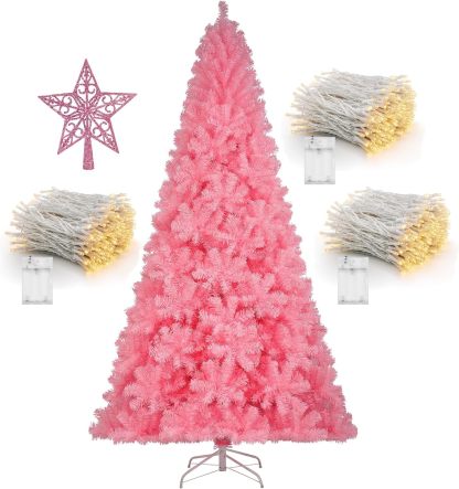 KTKDE Árbol de Navidad artificial de abeto de 7 pies, árbol de Navidad verde realista con 1.450 puntas de árbol, 300 postes de luz LED alimentados por pilas, pentáculo dorado de 7.8 pulgadas, perfecto