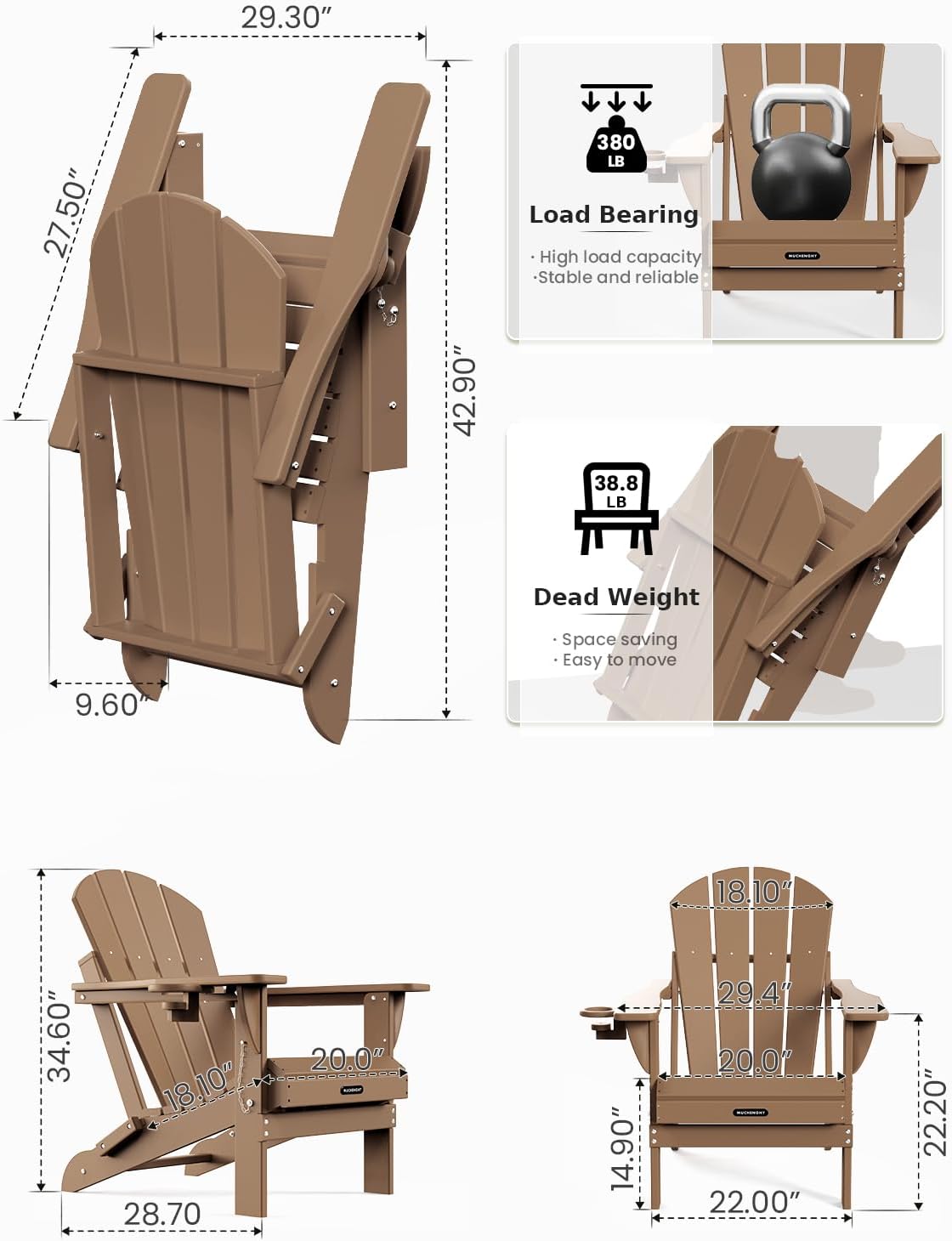 MUCHENGHY Sillas plegables Adirondack, sillas de patio, sillas para hogueras, sillas de exterior, sillas Adirondack de plástico, sillas de césped resistentes a la intemperie con portavasos para terraza, patio trasero, jardín (negro)