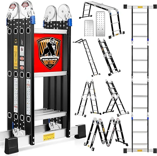 Bryner Escalera de extensión de aluminio 7 en 1, escalera, escalera, escalera, plegable, ajustable, telescópica, escalera, escaleras resistentes, cumple con SGS EN 131 estándar 550 libras-llave inglesa