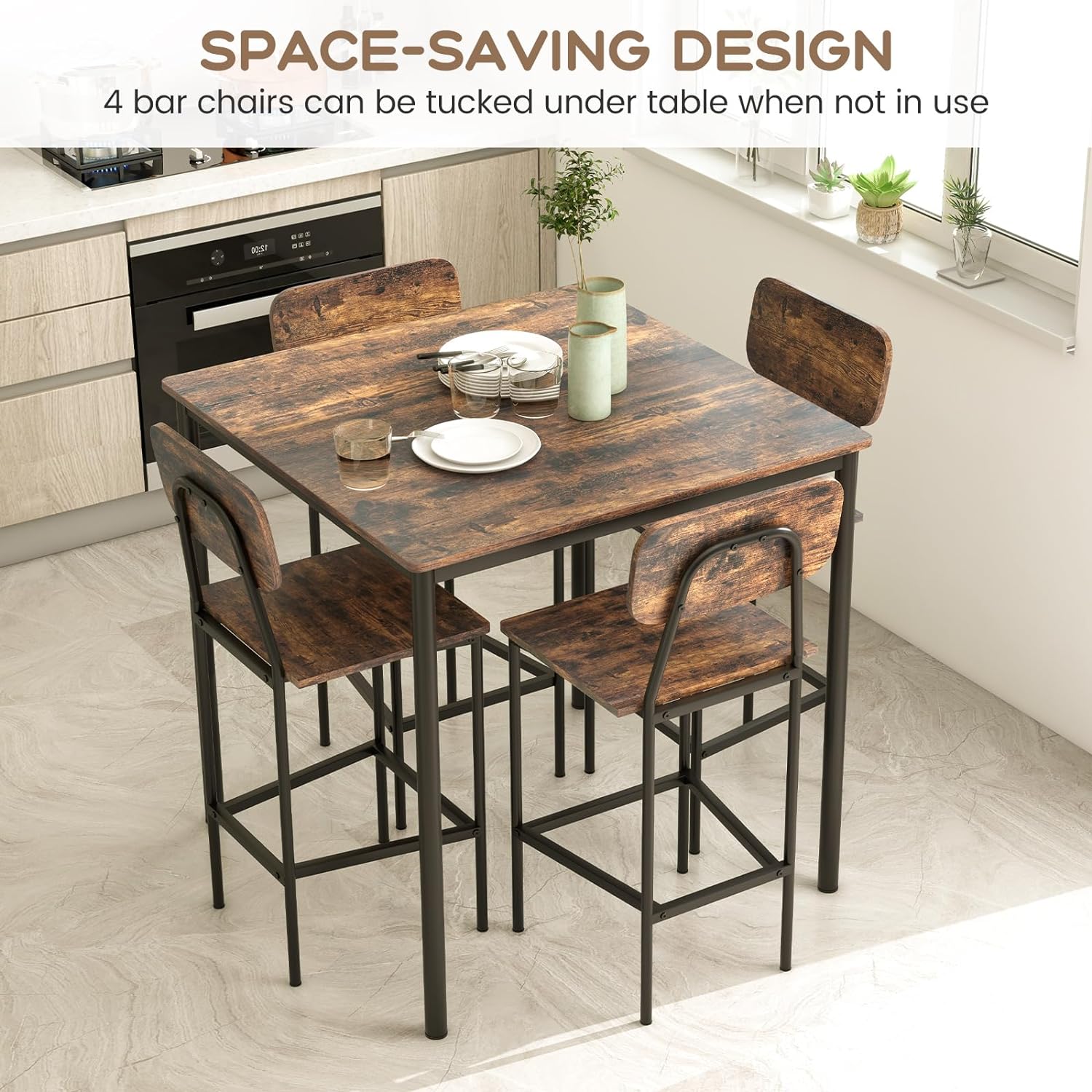 Juego de mesa de comedor de 5 piezas con mesa de altura y 4 taburetes de bar, juego de comedor industrial de cocina con reposapiés y respaldo, juego de comedor que ahorra espacio para pub,