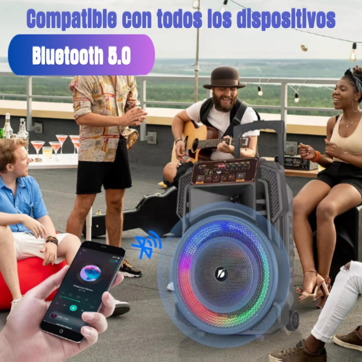 LINK BITS KTS-1666 Bocina Bluetooth Grande 15 Pulgadas, Recargable Altavoces Speaker Control y micrófono, bafle Karaoke para Fiesta con Luz Led