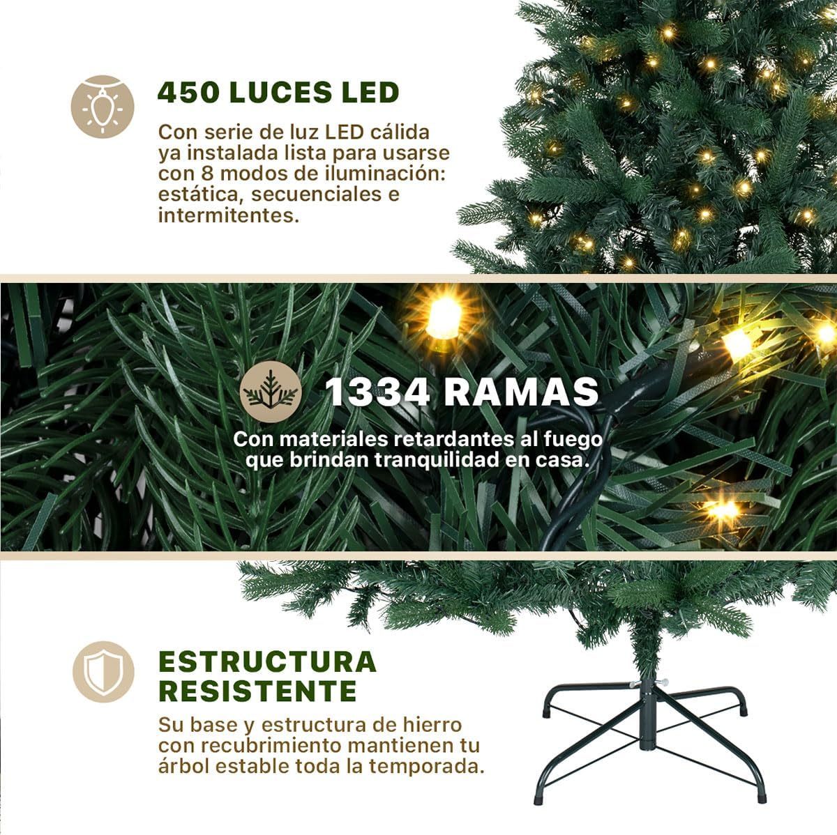 ESQUIMAL Árbol de Navidad Preiluminado con Luces LED 8 Modos de Iluminación (Verde Oscuro, 2.50 m)