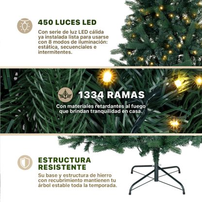 ESQUIMAL Árbol de Navidad Preiluminado con Luces LED 8 Modos de Iluminación (Verde Oscuro, 2.50 m)