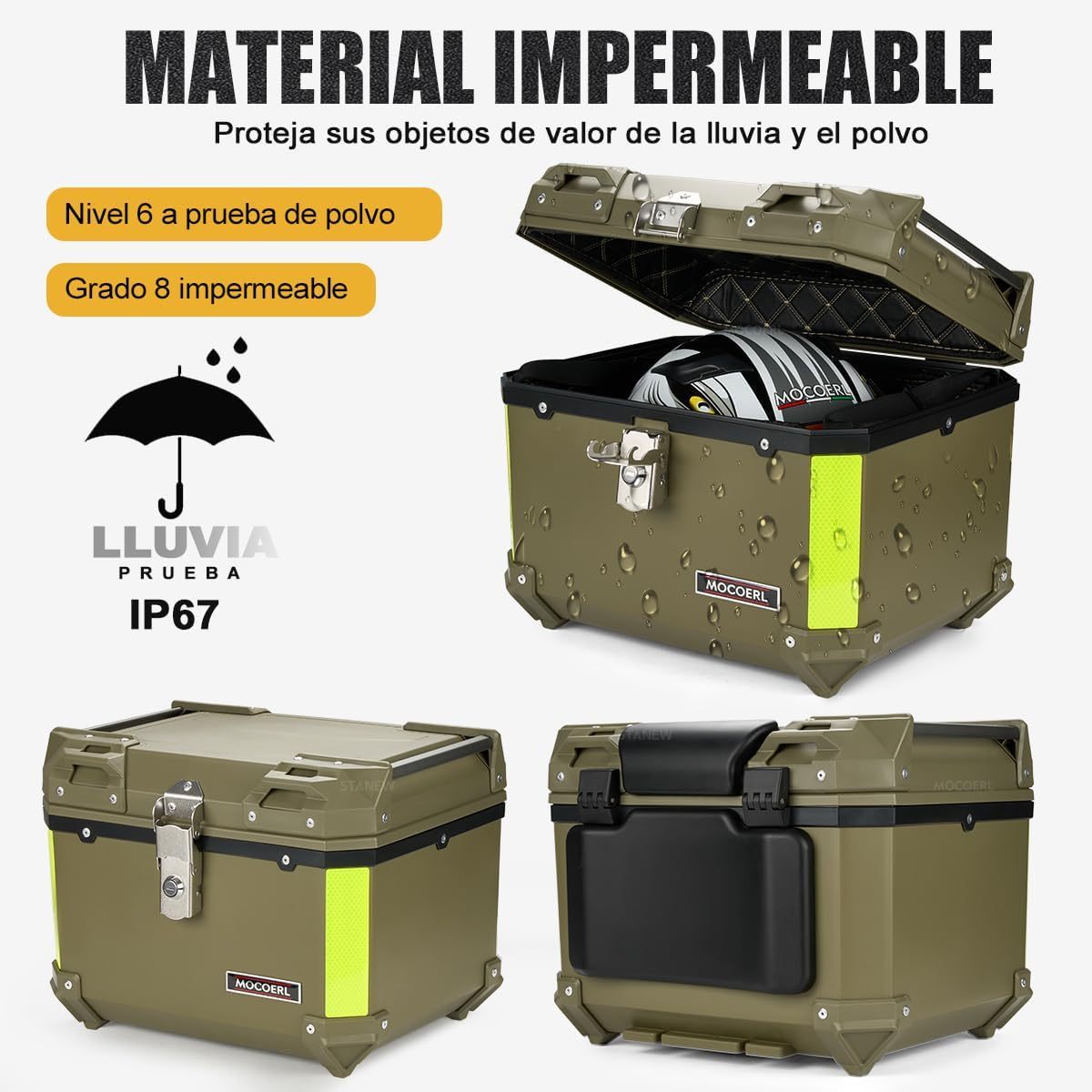 MOCOERL-Impermeable Baul Trasero Caja Moto Abs Respaldo Acojinado 45l Puede contener 1 casco Con cierre de seguridad de acero inoxidable Verde militar (E-570-G)