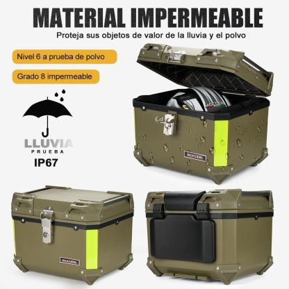 MOCOERL-Impermeable Baul Trasero Caja Moto Abs Respaldo Acojinado 45l Puede contener 1 casco Con cierre de seguridad de acero inoxidable Verde militar (E-570-G)