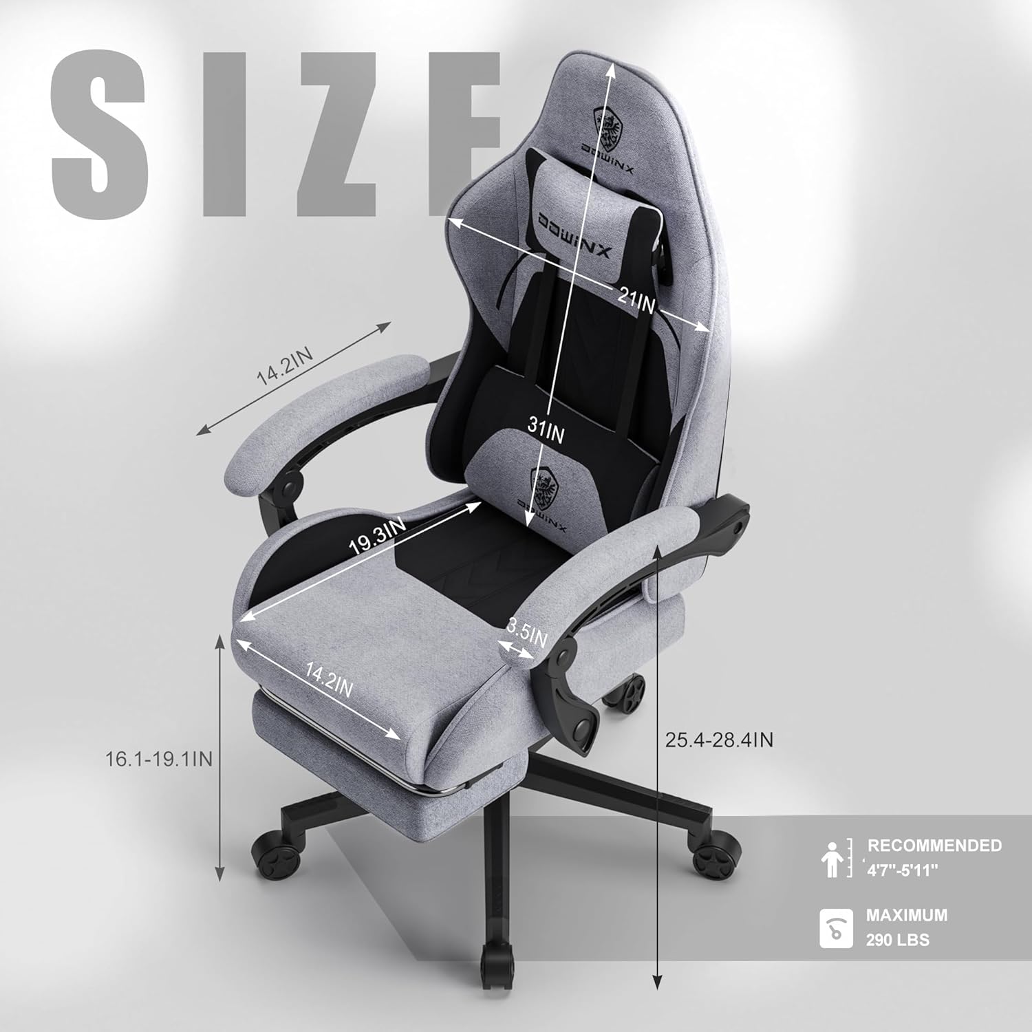 Dowinx - Silla de Juego de Tela con cojín de Resorte de Bolsillo, Silla de Juego de Masaje con reposacabezas, Silla ergonómica de computadora con reposapiés de 300 Libras, Negro y Gris