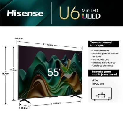 Pantalla Hisense 55" 4K MiniLED Google TV 55U6N