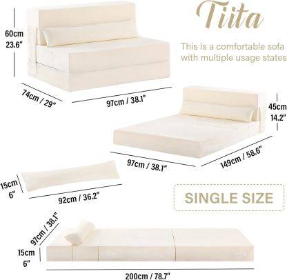 Tiita - Sillón de futón, tamaño individual, sofá cama plegable con almohada, colchón de piso y futón para sala de estar, recámara, uso de invitados, departamento