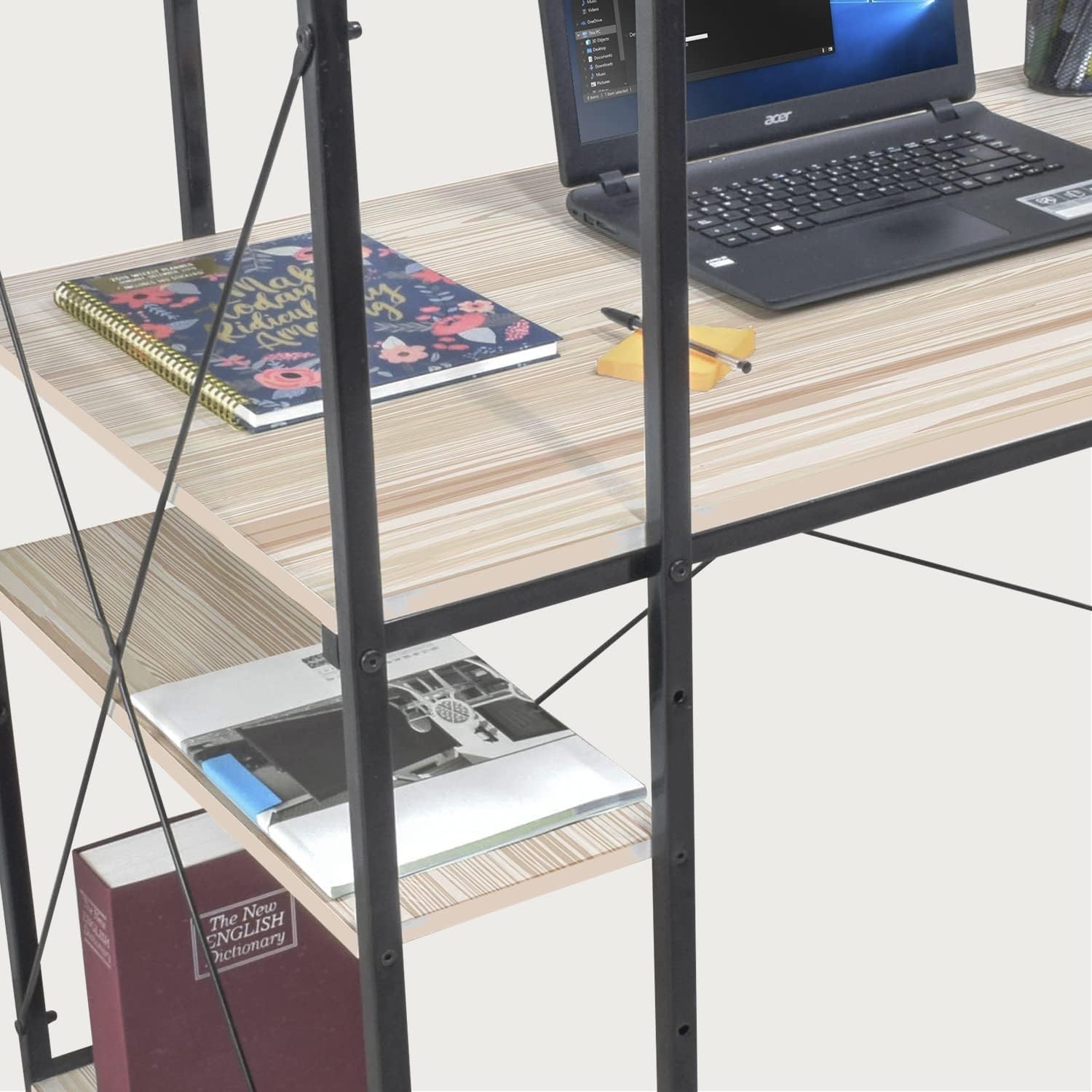 Escritorio para Computadora, Diseño Minimalista Moderno, Ideal para Oficina, Home Office, Estructura Resistente de Metal, con Repisas, Color Café