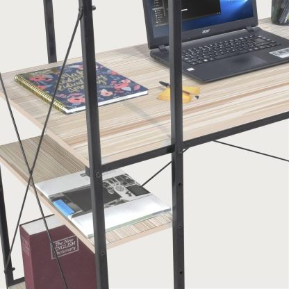 Escritorio para Computadora, Diseño Minimalista Moderno, Ideal para Oficina, Home Office, Estructura Resistente de Metal, con Repisas, Color Café
