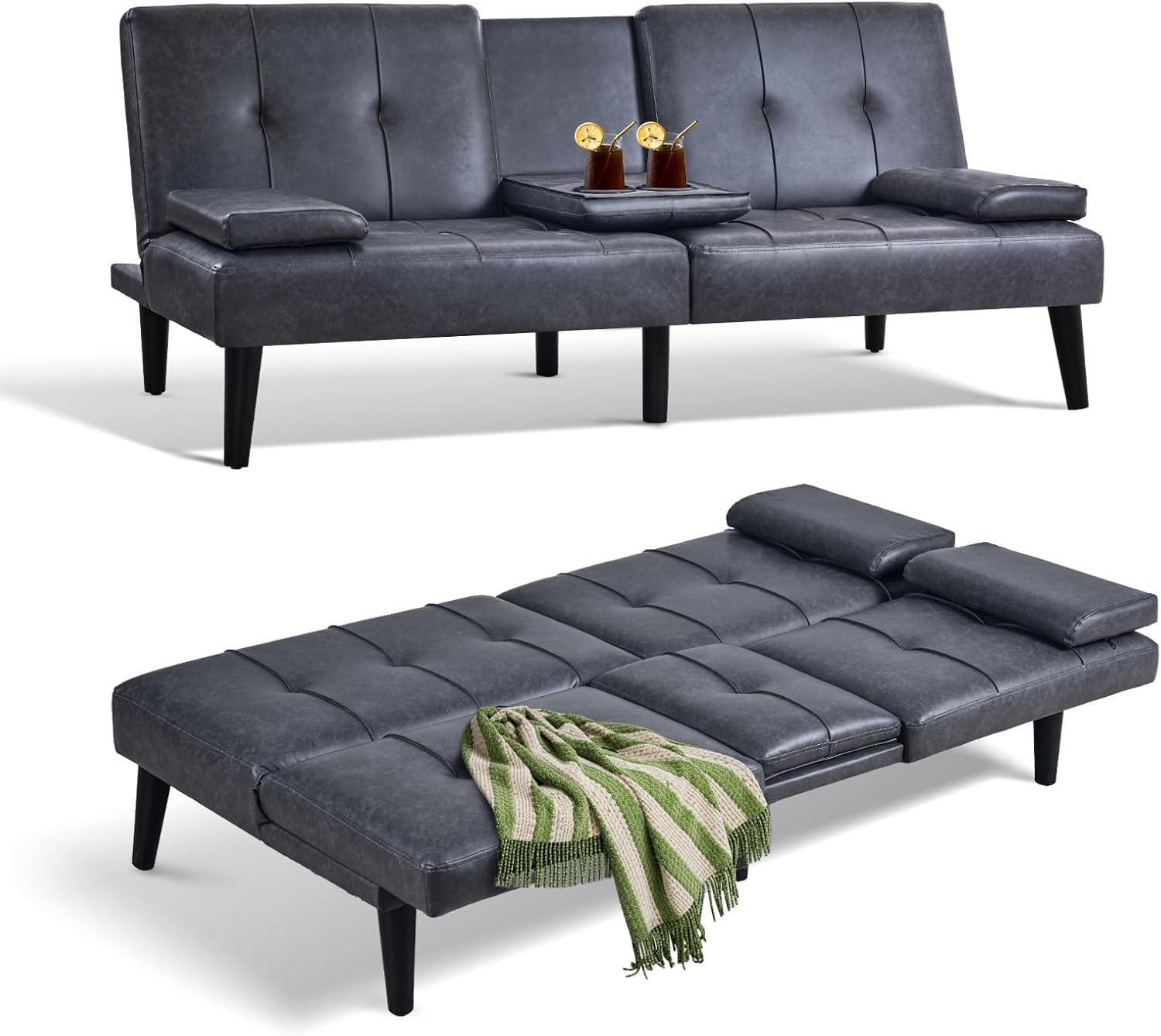 COLAMY - Sofá Cama de futón pequeño, de Piel, futón, sofá de salón, futón Convertible con Soporte para Tazas, reposabrazos extraíble, Respaldo Ajustable, Gris Oscuro